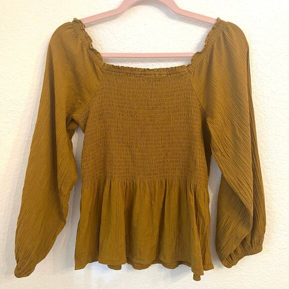 Madewell Lucie Smocked Peplum Top Size 4 Milkmaid Cottage Cotton Mustard Yellow - Picture 5 of 8